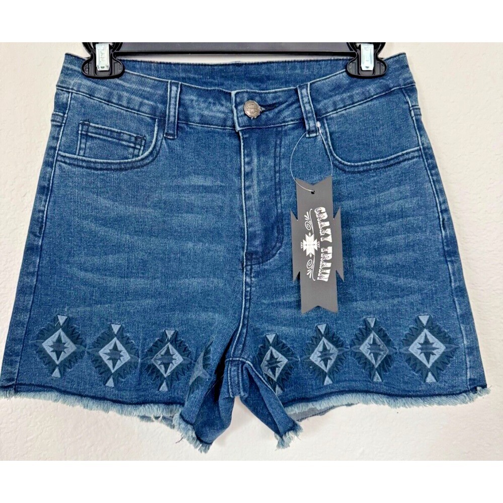 Crazy Train Shorts Medium Denim Blue Jean Western Shorts Aztec Design Raw Hem